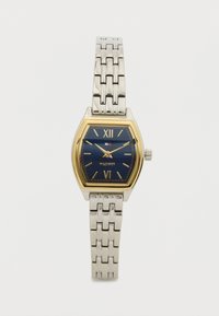 Gold and silver-tone watch with a rectangular face, blue dial, Roman numerals, and linked metal bracelet. Notable logo at 6 o'clock.