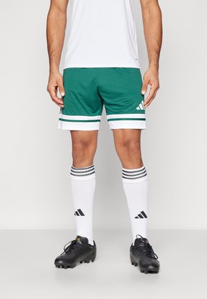Mand stående iført grønne og hvide Adidas fodboldshorts, hvide knæstrømper fra Adidas og sorte fodboldstøvler på en grå gulv.