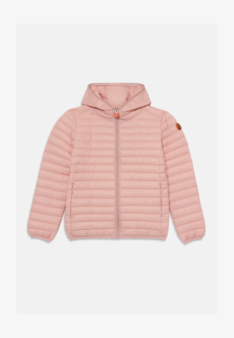 Gesteppten rosa Jacke mit Kapuze, horizontalen Steppnähten, Reißverschluss und zwei Seitentaschen; weicher Stoff und elastische Bündchen.