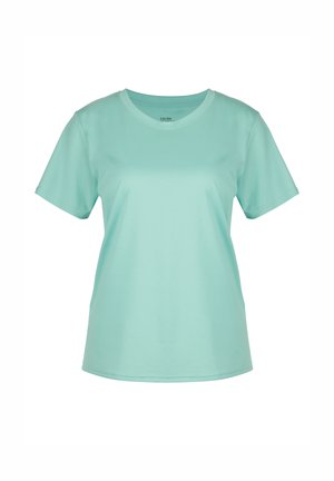 Mintgroene T-shirt met korte mouwen, gemaakt van zachte stof, met een ronde hals en een comfortabele pasvorm, zonder patronen of versieringen.