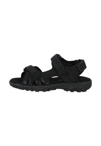 Sandalias negras con correas ajustables, parte superior texturizada, diseño de punta abierta, plantilla acolchada y suela resistente para tracción.