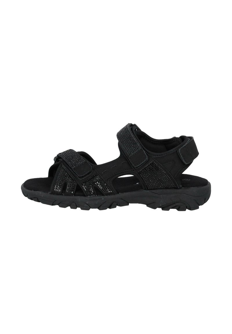Sandalias negras con correas ajustables, parte superior texturizada, diseño de punta abierta, plantilla acolchada y suela resistente para tracción.
