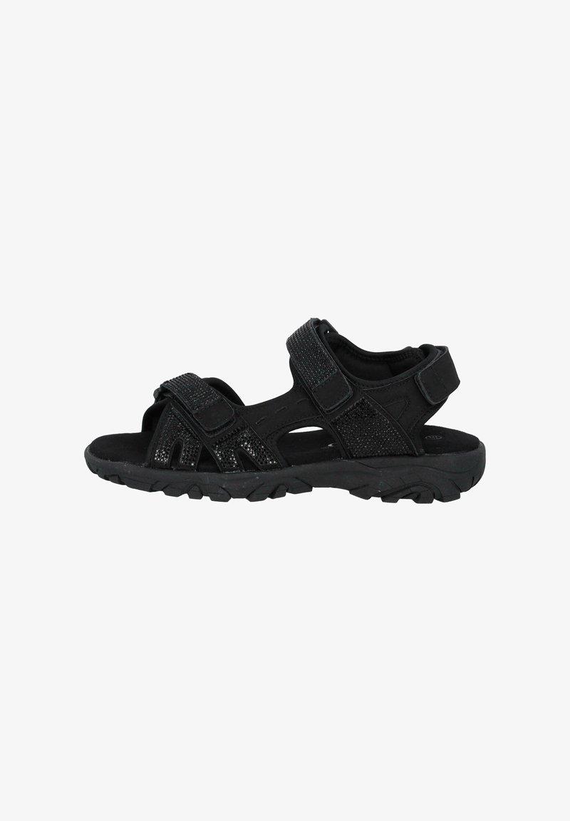 Schwarze Sandalen mit verstellbaren Riemen, strukturiertem Obermaterial, offener Zehenpartie, gepolstertem Fußbett und rutschfester Sohle für guten Halt.