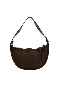 Brown suede shoulder bag with a curved, soft shape, featuring a flat strap and minimalistic design. Includes a small zipper detail.
