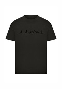 Black cotton t-shirt featuring a minimalist design with a heartbeat line and mountain silhouette printed across the chest in black.