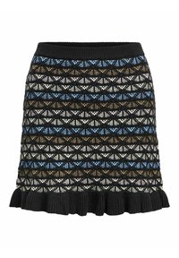 Jupe tricotée avec un motif géométrique en noir, bleu, brun et blanc, avec un ourlet volanté et une taille élastique.