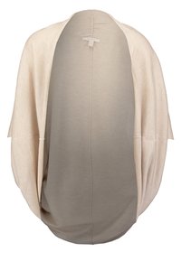 Lekki kardigan w kolorze kremowym i jasnobeżowym, z otwartymi rękawami, luźnym krojem i gładką fakturą z detalami szwów.