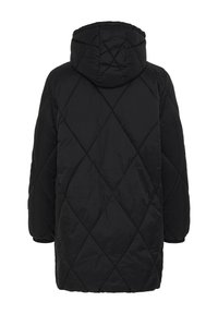 Manteau matelassé noir à capuche, avec un motif en losanges, des manches longues et une coupe ample, doté d'une texture lisse et brillante.