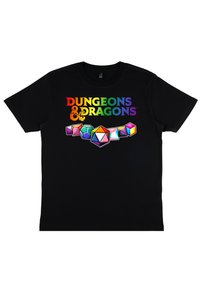 Černé bavlněné tričko s barevným nápisem "Dungeons & Dragons" a grafickým motivem mnohostranných polygonálních kostek na přední straně.