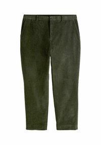 Olive green corduroy pants with a straight cut, featuring front pockets and a button closure. Soft texture with visible ribbed pattern.