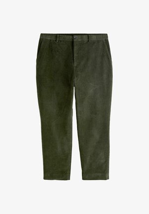 Olive green corduroy pants with a straight cut, featuring front pockets and a button closure. Soft texture with visible ribbed pattern.