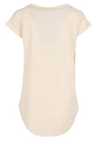 Hellbeige Kurzarmoberteil mit Rundhalsausschnitt, aus weichem Stoff gefertigt. Verfügt über einen abgerundeten Saum und aufgerollte Ärmeldetails.