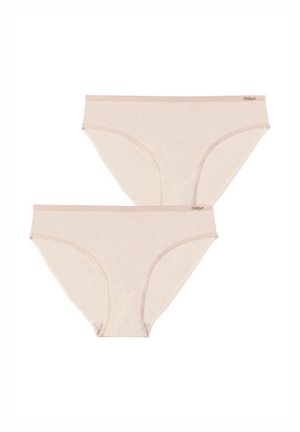 Deux culottes en coton beige pour femme avec une ceinture douce, nom de la marque "Dailyz" imprimé sur le côté supérieur droit de chacune.