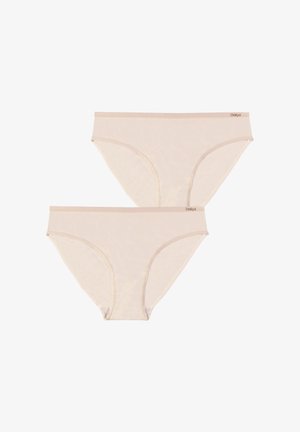 Deux culottes en coton beige pour femme avec une ceinture douce, nom de la marque "Dailyz" imprimé sur le côté supérieur droit de chacune.