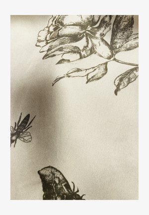 Black and white detailed drawing of a rose with leaves and two bees on a light textured fabric background.