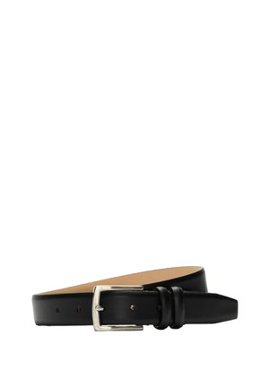 Sort læderbælte med sølvfarvet rektangulært spænde og to bæltestropper, vist samlet i en spiral på en hvid baggrund.