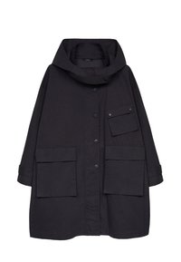 Long manteau noir en mélange de laine, avec un col montant, des boutons à l'avant, deux grandes poches frontales basses et une poche sur la poitrine.