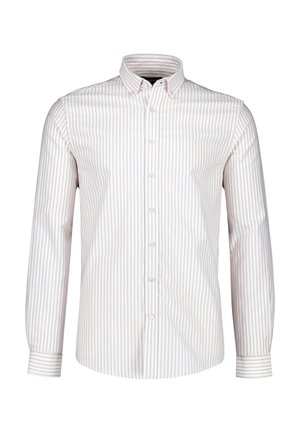 Langärmliges Hemd mit weißen und hellrosa vertikalen Streifen, mit geknöpftem Kragen und geknöpften Manschetten, auf weißem Hintergrund dargestellt.