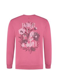 Rosa Sweatshirt mit langen Ärmeln, das ein blumiges Grafikdesign auf der Rückseite aufweist, einschließlich Blättern und Schriftzügen in verschiedenen Farben.