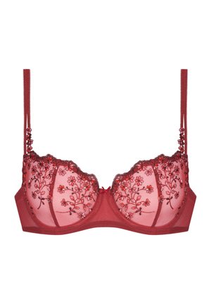 Roter transparenter BH mit Blumenstickerei, Bügelunterstützung, verstellbaren Trägern und wellenförmigen Rändern an den Cups.