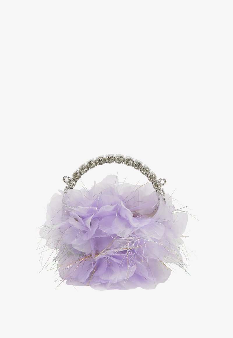 Fioletowa torebka z tkaniny z teksturowanym wzorem kwiatowym, podkreślona błyszczącymi metalicznymi włóknami oraz koralikowym srebrnym uchwytem.