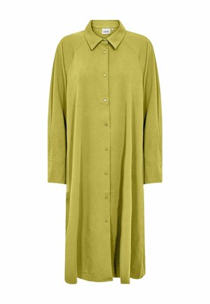 Lange olijfgroene blousejurk met knopen, lange mouwen en spitse kraag, voorzien van manchetknoopjes en een losse pasvorm.