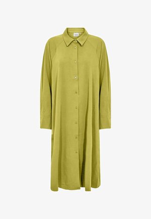 Pikk oliiviroheline särkkleit, millel on pikad varrukad ja terav krae, mansettnööbid ning lõdva istuvusega.