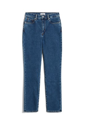 Denim jeans in een medium wash blauwe kleur, rechte pijpen, met vijf zakken, een knoopsluiting en contrasterende stiksels langs de naden.