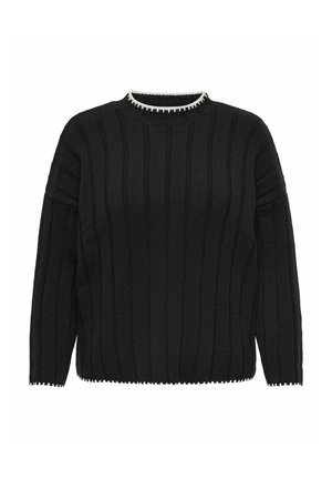Pulover negru tricotat cu un design vertical în nervuri, decolteu rotund cu margine albă și o croială ușor supradimensionată, cu umeri căzuți.