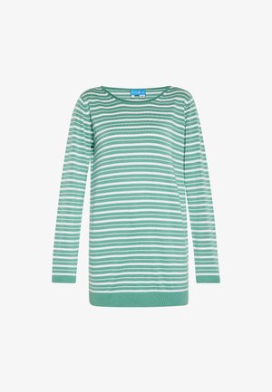 Dlhý rukáv košele s jemnou mätovo zelenou a bielou pruhovanou vzorom, so širokým výstrihom a pevným pásom na spodnom okraji a manžetách.
