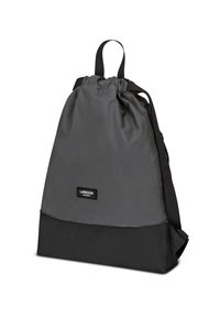 Drawstring backpack in grey and black fabric. Features a rounded shape, smooth texture, adjustable straps, and a logo label on the front.