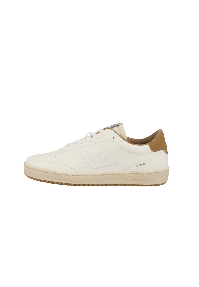 White sneakers with a smooth leather upper, light tan heel cap, and beige rubber sole. Features perforations and logo detail on the side.