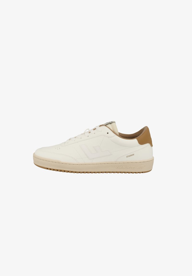 White sneakers with a smooth leather upper, light tan heel cap, and beige rubber sole. Features perforations and logo detail on the side.