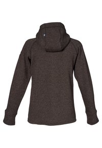 Brun hættejakke lavet af tekstureret stof, med høj krave, snøre i hætten og ribbede manchetter. Bagsiden viser et minimalistisk design.