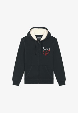 Dark gray zip-up hoodie with a fleece-lined interior, front pockets, and a graphic text "love" with a red safety pin design on the chest.