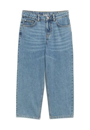 Jean en denim bleu clair taille haute, coupe droite, avec bouton devant, fermeture éclair, passants de ceinture et cinq poches.