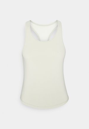 Top desportivo verde claro, com decote redondo e design de costas nadadoras. Feito de um tecido liso e elástico. Sem padrões ou detalhes visíveis.