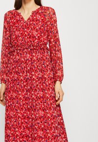 Robe imprimée fleurie rouge avec manches longues en tissu transparent et décolleté en V. Taille élastique et tissu fluide créant une silhouette décontractée.