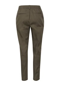 Pantalons tapered de couleur vert olive en tissu lisse, avec une taille élastique et deux poches arrière, affichant un design épuré et minimaliste.
