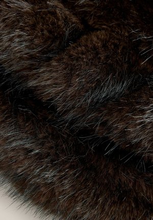 Brown faux fur with a dense, soft texture, featuring longer, lighter strands creating a subtle contrast. Rounded shape with no visible seams.