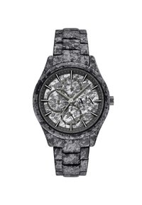 Schwarze und graue Uhr mit einem strukturierten Armband, rundem Ziffernblatt, drei Teilzeigern und silbernen Markierungen; zeigt das "A|X"-Logo auf dem Ziffernblatt.