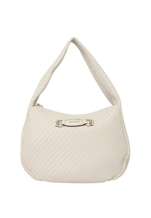 Borsa a mano intrecciata bianca con forma curvilinea, dotata di manico superiore e dettagli in metallo argentato con logo sulla parte anteriore.