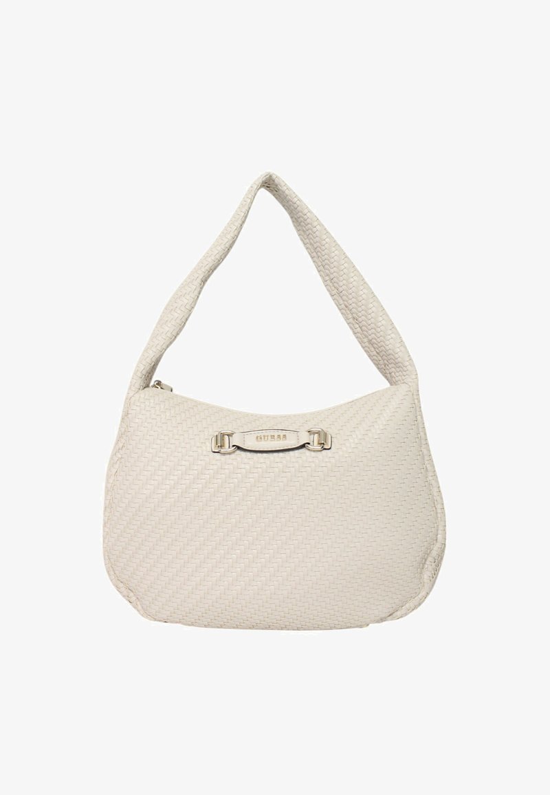 Borsa a mano intrecciata bianca con forma curvilinea, dotata di manico superiore e dettagli in metallo argentato con logo sulla parte anteriore.