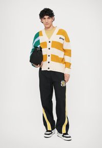 Cardigan lavorato a maglia colorato nei toni giallo, crema e verde; pantaloni neri con righe laterali gialle e dettaglio grafico; tiene in mano una borsa nera.