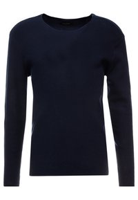 Mörkblå långärmad tröja med rund halsringning, strukturerad tyg och åtsittande ärmar, med ett subtilt diagonalt mönster.