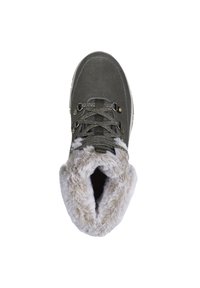 Stivale impermeabile verde con fodera in pelliccia sintetica al collare, design con lacci, suola in gomma e cuciture distintive sul lato.