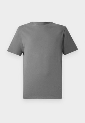 T-shirt gris à manches courtes en coton doux, avec un col rond, une texture lisse, et sans motifs ni accents visibles.