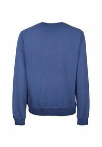 Felpa azzurra con girocollo, maniche lunghe, polsini e vita a costine, caratterizzata da una texture liscia e un design semplice.