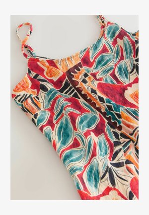 Rochie colorată cu model floral și frunze în roșu, teal, negru și portocaliu. Confecționată din țesătură ușoară cu bretele reglabile.