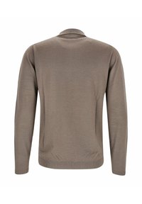 Langärmliger Taupe-Strickpullover mit Rundhalsausschnitt und gerippten Bündchen, flach von hinten auf weißem Hintergrund dargestellt.